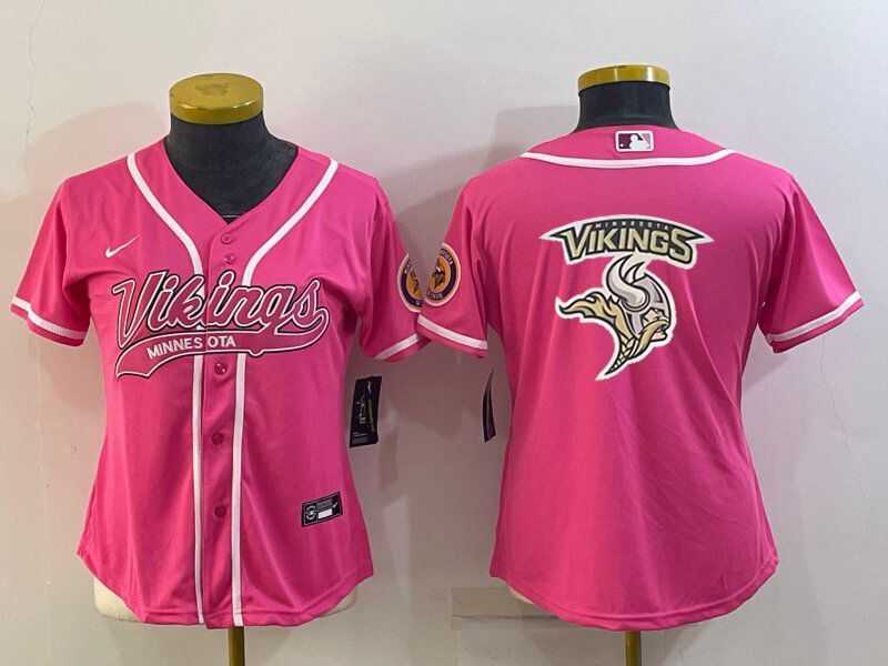 Women%27s Minnesota Vikings Pink Team Big Logo With Patch Cool Base Stitched Baseball Jersey->women nfl jersey->Women Jersey
